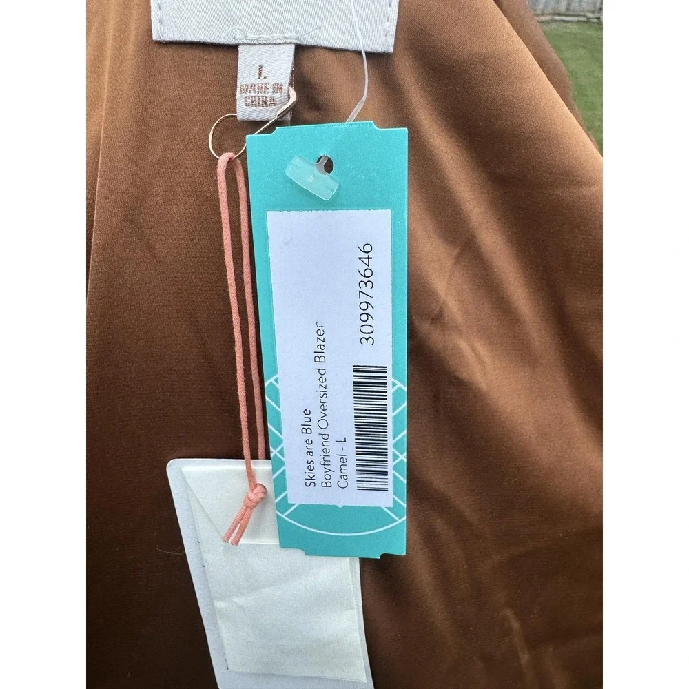 Skies Are Blue Blazer Womens L Brown Boyfriend Oversized Open Front Lined Jacket